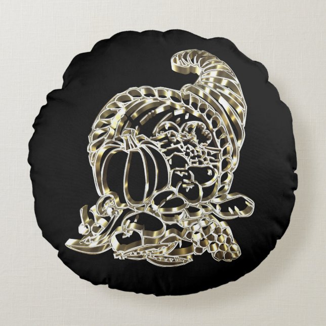 Almofada Redonda Feliz Ação de Graças da Cornucopia Dourada e Negra (Frente)