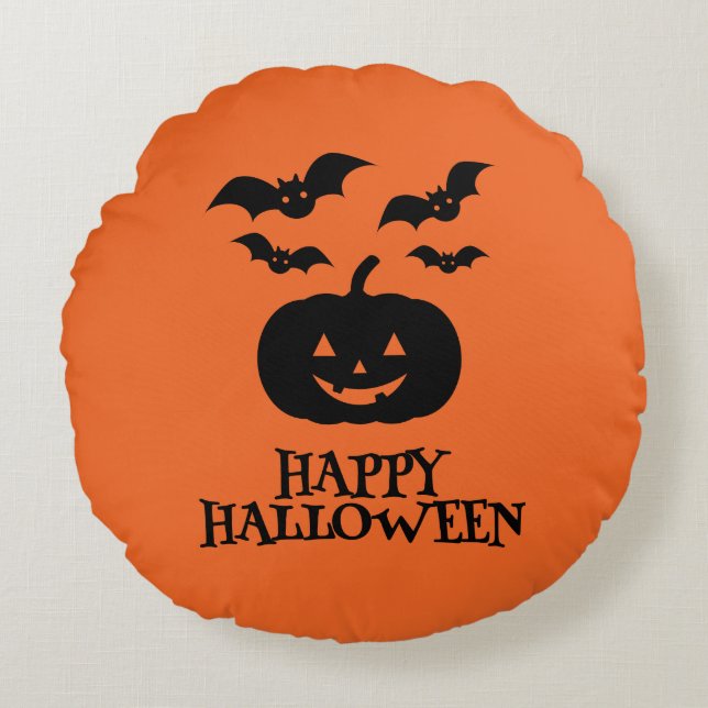 Almofada Redonda Feliz Bat Mínimo de Abóbora de Halloween (Frente)