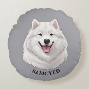 Almofada Redonda Feliz Cão Branco Samoado