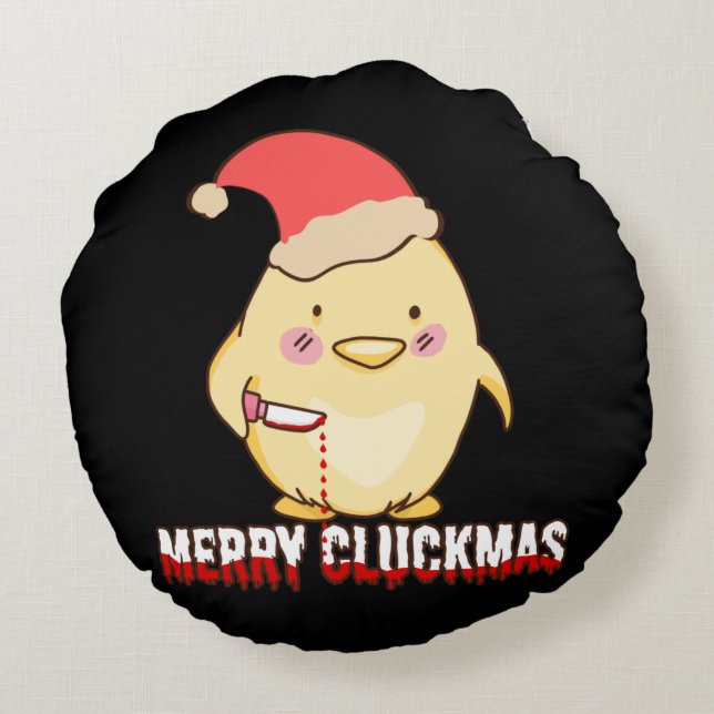 Almofada Redonda Feliz Cluckmas, Frango de Natal Engraçado (Verso)