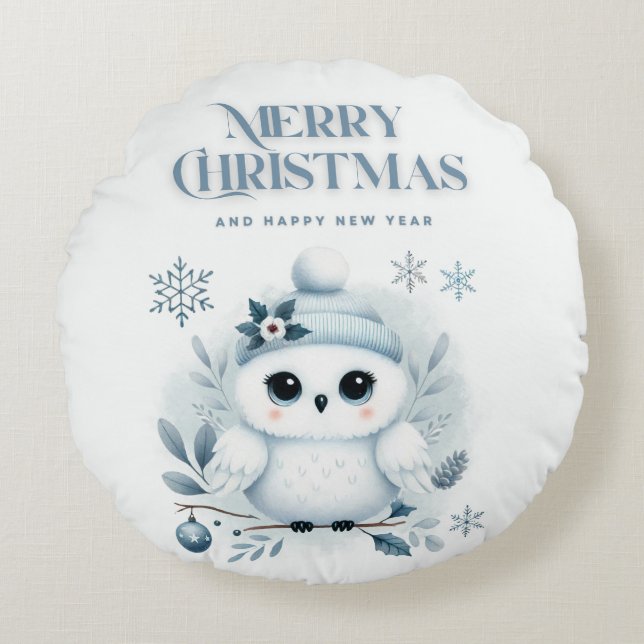 Almofada Redonda Feliz Coruja de Natal (Frente)