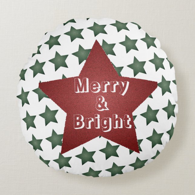 Almofada Redonda Feliz de Natal e padrão estrela brilhante (Frente)