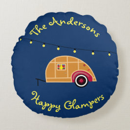 Almofada Redonda Feliz Glamper Woodie Vintage Teardrop Trailer