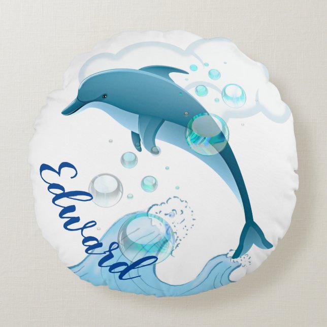 Almofada Redonda Feliz golfinho salpicante com bolhas (Frente)