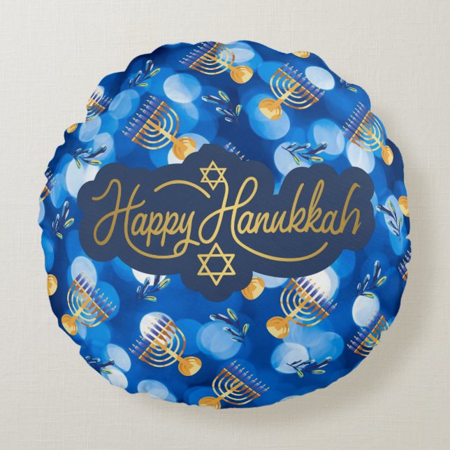 Almofada Redonda Feliz Hanukkah Azul e Branco (Frente)
