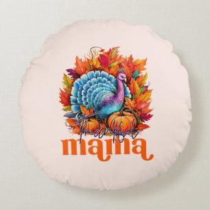 Almofada Redonda Feliz Mama Turquia e Autumn Leaves Foliage