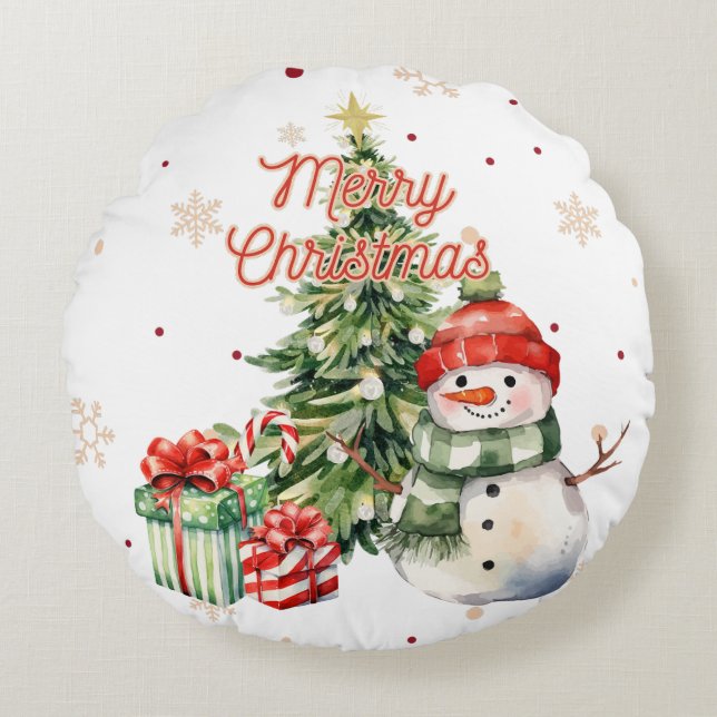Almofada Redonda Feliz Natal Árvore Snowman e Presentes (Frente)
