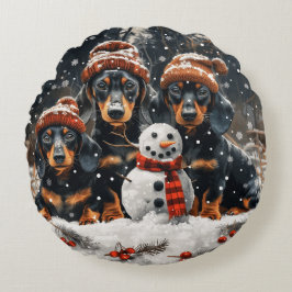Almofada Redonda Feliz Natal Dachshund Dogs Snowman