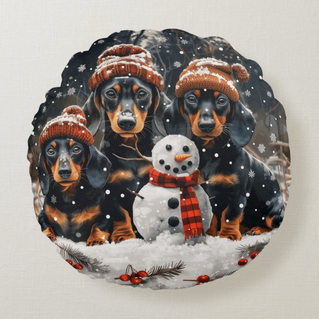 Almofada Redonda Feliz Natal Dachshund Dogs Snowman (Frente)