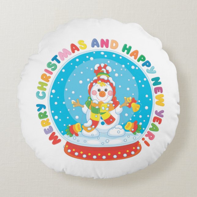 Almofada Redonda Feliz Natal e Feliz ano novo Snowman (Frente)