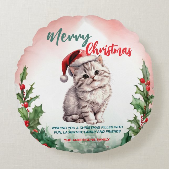 Almofada Redonda Feliz Natal Feliz Gato de Gato Bonito (Frente)