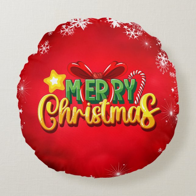 Almofada Redonda Feliz Natal Feliz Natal Vermelho, feriado verde (Frente)