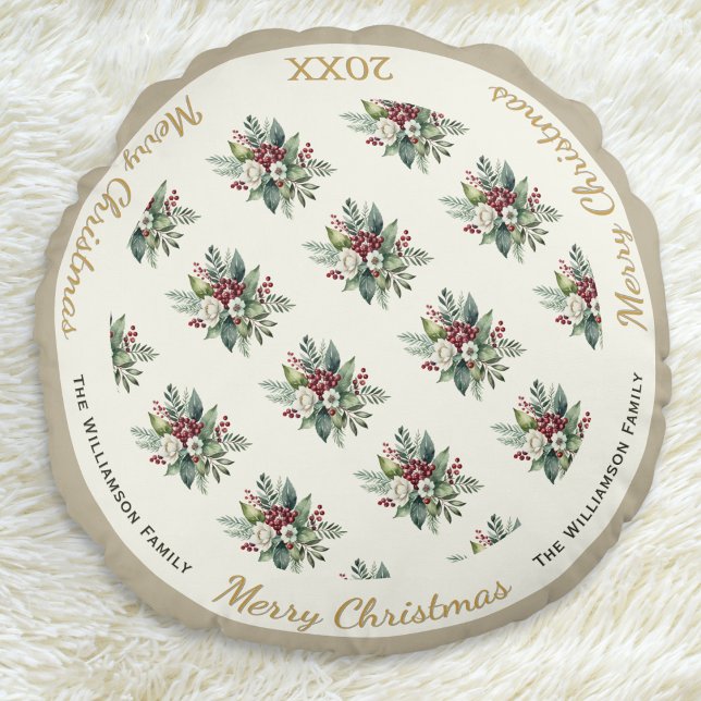 Almofada Redonda Feliz Natal Festivo Aquarela Floral (An elegant round pillow with 'Merry Christmas' words, floral pattern and customizable name and year)