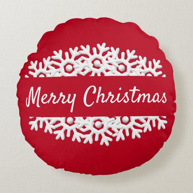 Almofada Redonda Feliz Natal, floco de neve vermelho e branco (Frente)