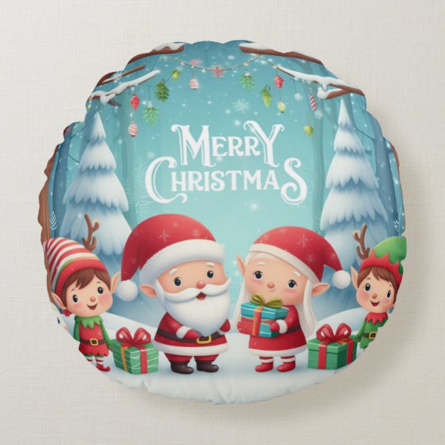 Almofada Redonda Feliz Natal/papais noeis/elfos neve (Frente)