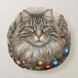 Almofada Redonda Feliz Natal, Presentes de Gato de Maine Coon