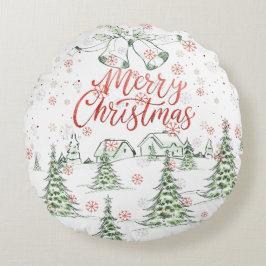 Almofada Redonda Feliz Natal, Red e Green Snowy Trees