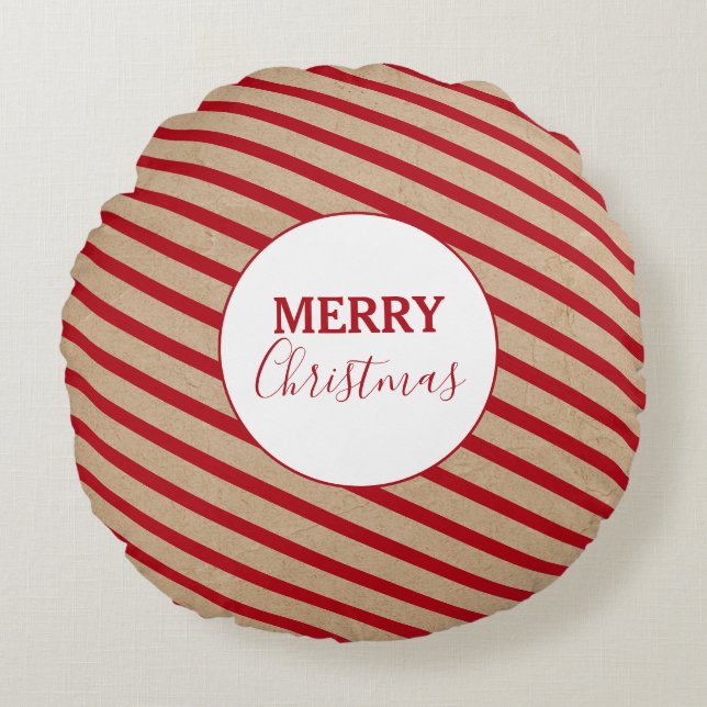 Almofada Redonda Feliz Natal Red Stripes Kraft Rustic (Frente)