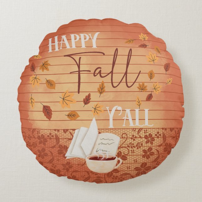 Almofada Redonda Feliz outono, vocês todos com folhas de café e out (Frente)