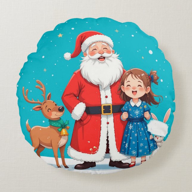 Almofada Redonda Feliz Papai Noel com donzela de neve (Frente)