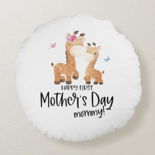 Almofada Redonda Feliz Primeiro Dia das Mães 🦒 Girafa + Borboletas