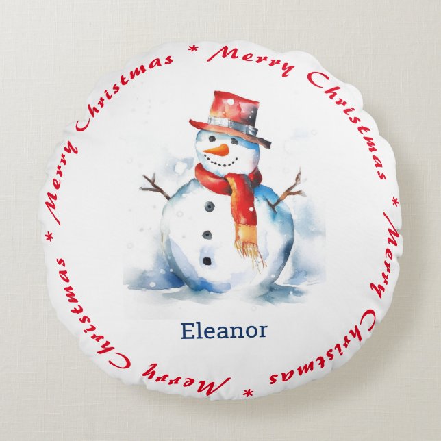 Almofada Redonda Feliz Snowman Feliz Natal Nome Personalizado (Frente)