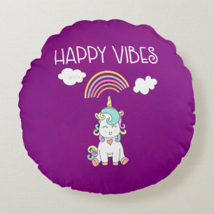 Almofada Redonda Feliz Vibes Typografia Cute Smiling Unicorn