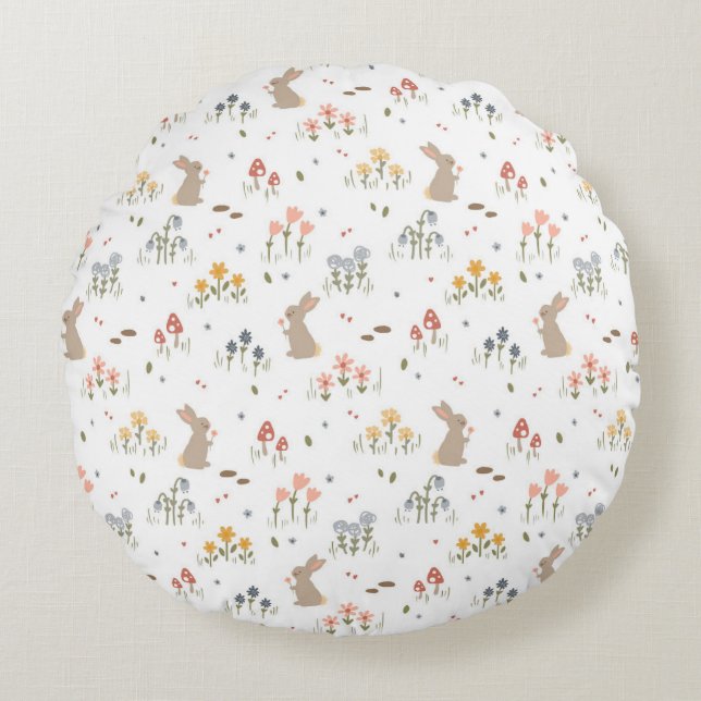 Almofada Redonda Felz pascoa Coelhinho Flores Selvagens Quarto De C (Frente)
