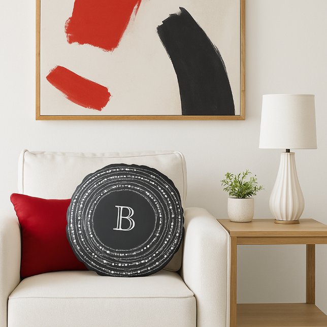 Almofada Redonda Feriado De feliz De Monograma Com Na moda E Brilho (Merry & Bright Sparkling Lights With Family Monogram Christmas Round Pillow - Holiday Home Decor)