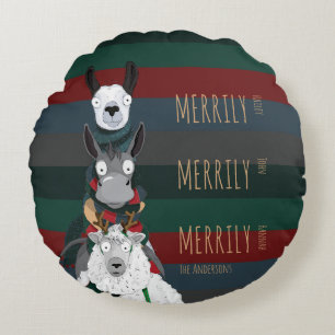 Almofada Redonda Feriado Engraçado "Merrily" Ovelha Donkey Llama St