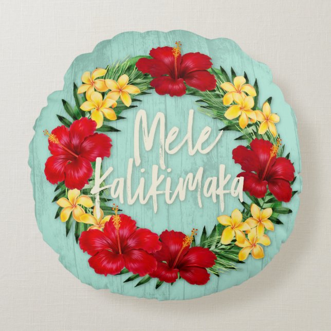 Almofada Redonda Feriado Tropical Havaiano Feriado Wreath Wood (Frente)