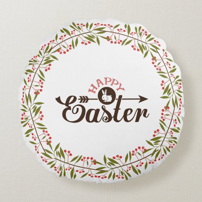 Almofada Redonda Ferida Floral Verde E Vermelha Com Coelho (Frente)