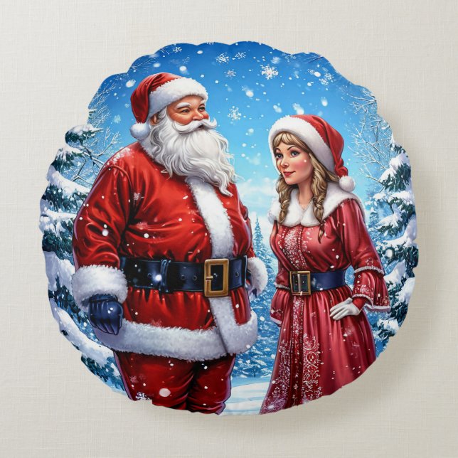 Almofada Redonda Feset Santa Claus e Sra. Claus (Frente)