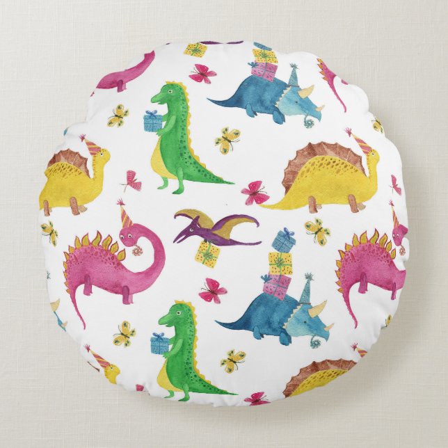 Almofada Redonda Festa de dinossauro: padrão de aquarela. (Frente)