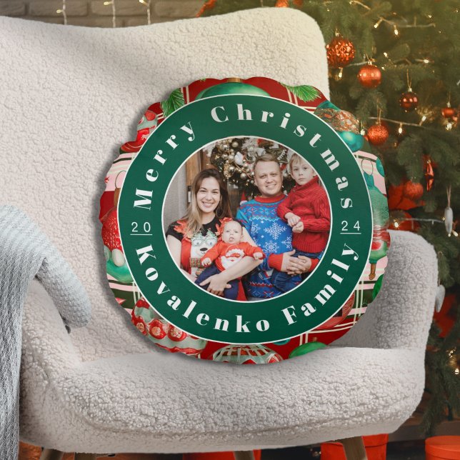 Almofada Redonda Festa de Natal com Foto Personalizada da Família e (Criador carregado)