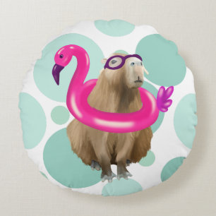 Almofada Redonda Festa piscina, Capybara Bonita Com Flamingo De Cor