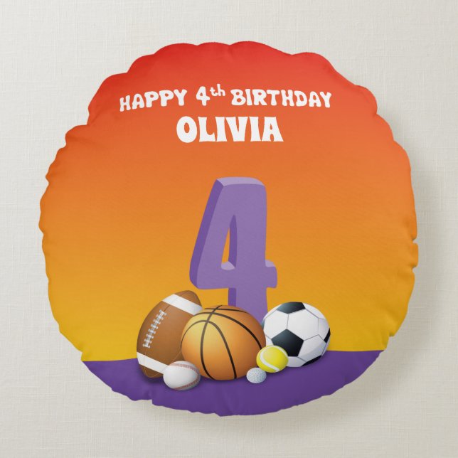 Almofada Redonda Festas de Esportes de Quarto Aniversário (Frente)