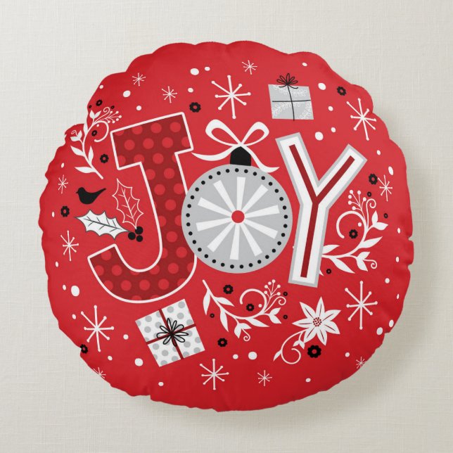 Almofada Redonda Festas de Natal de Joy Red Festive Winter (Frente)