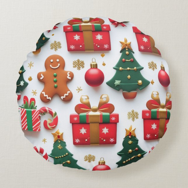 Almofada Redonda Festive Christmas Pattern (Frente)