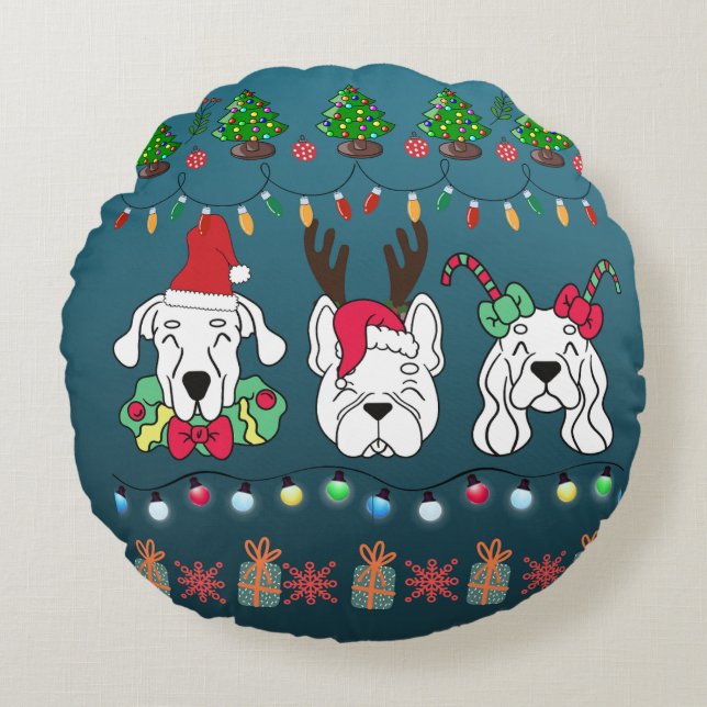 Almofada Redonda Festive Dog Christmas Pattern-cute holiday dogs (Frente)