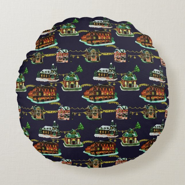 Almofada Redonda Festivo Natal Levanta A Árvore Da Cidade (Frente)