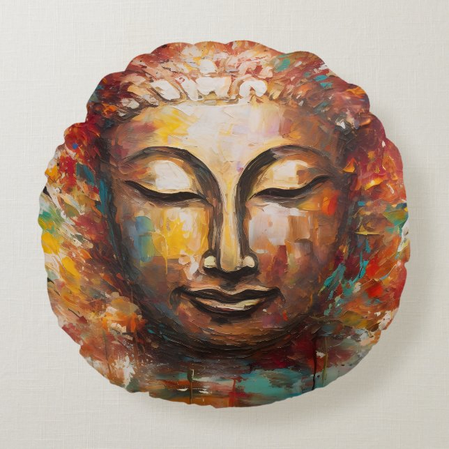 Almofada Redonda Fiery Serenity - Arte Expressionista Buda (Frente)