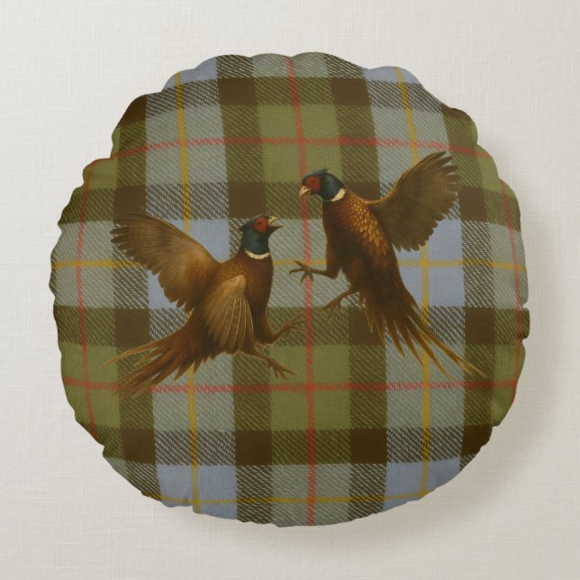 Almofada Redonda Fighting Pheasants on tweed / tartan background  (Frente)