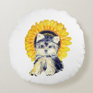 Almofada Redonda Filhote de cachorro Yorkie fofo & girassol em bran