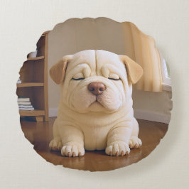 Almofada Redonda Filhote de Shar Pei - Serenidade Suave por WangWan