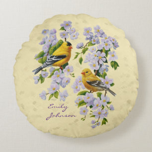 Almofada Redonda Finches Dourados e Brilhos de Maçã Amarelo