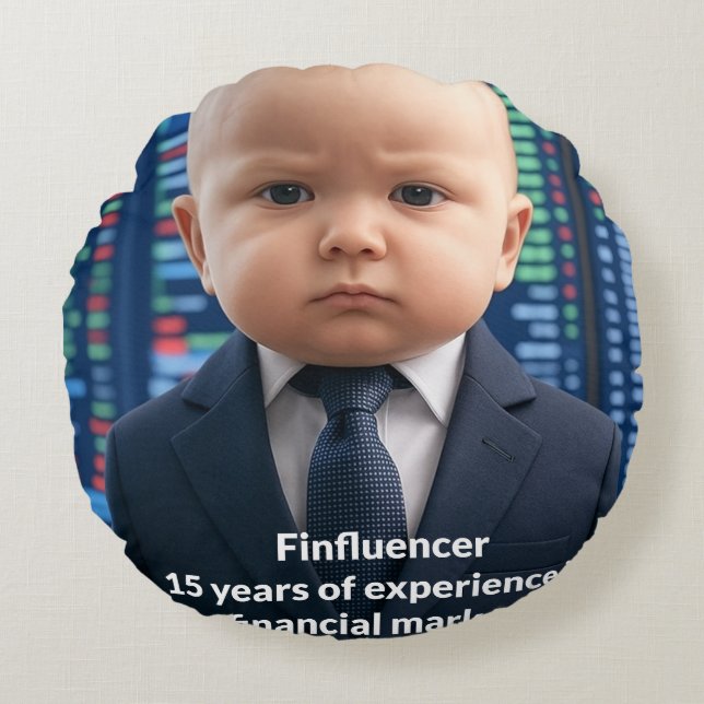 Almofada Redonda Finfluencer Baby - 15 anos de sabedoria financeira (Frente)