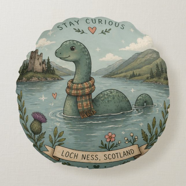 Almofada Redonda Fique Curioso Aconchegante Críptido Nessie Monstro (Frente)