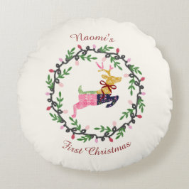 Almofada Redonda First Christmas Deer with Wreath Customize