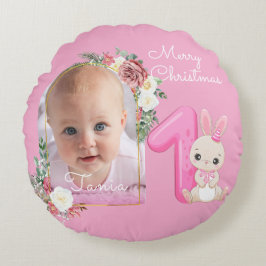 Almofada Redonda First Christmas Pink Baby Girl Photo floral
